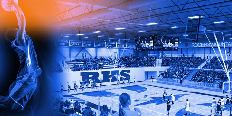 Interior of Rogers High School composite with basketball player