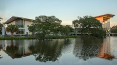 Exterior of Childrens Museum buidings refecting on pond