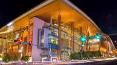 Exterior night photo of the flowing roof design of the Music City Center