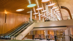 Interior showing the chandeliers and escalators in the main lobby