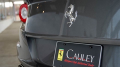 Close-up of Ferrari emblem on back pf sports car.