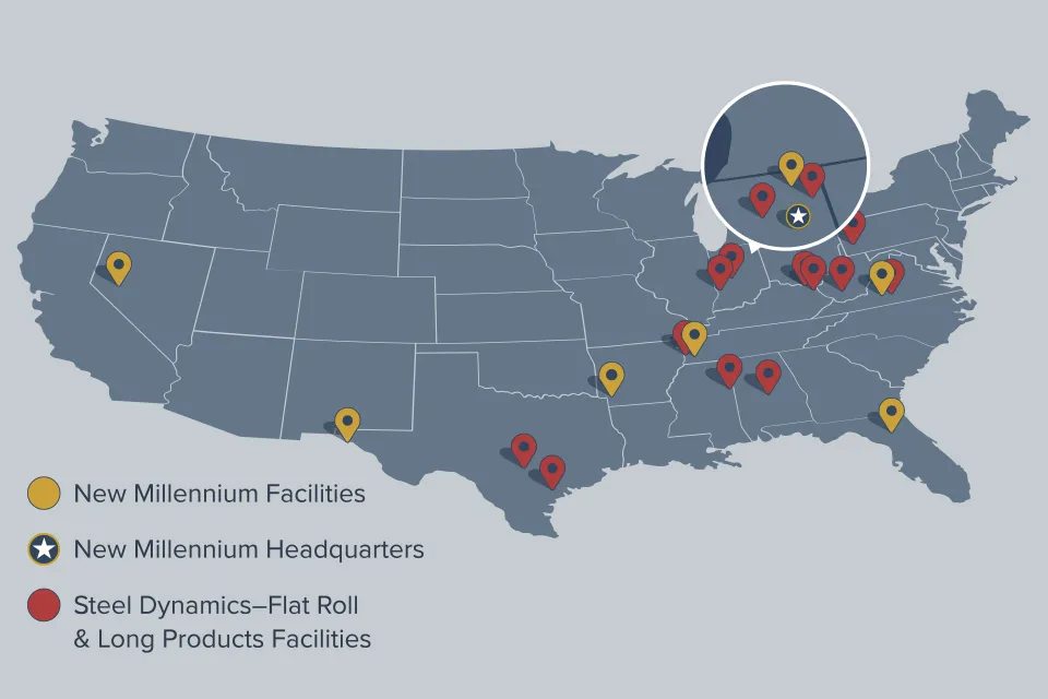 Map of Nationwide New Millennium Facilities and Steel Dynamics